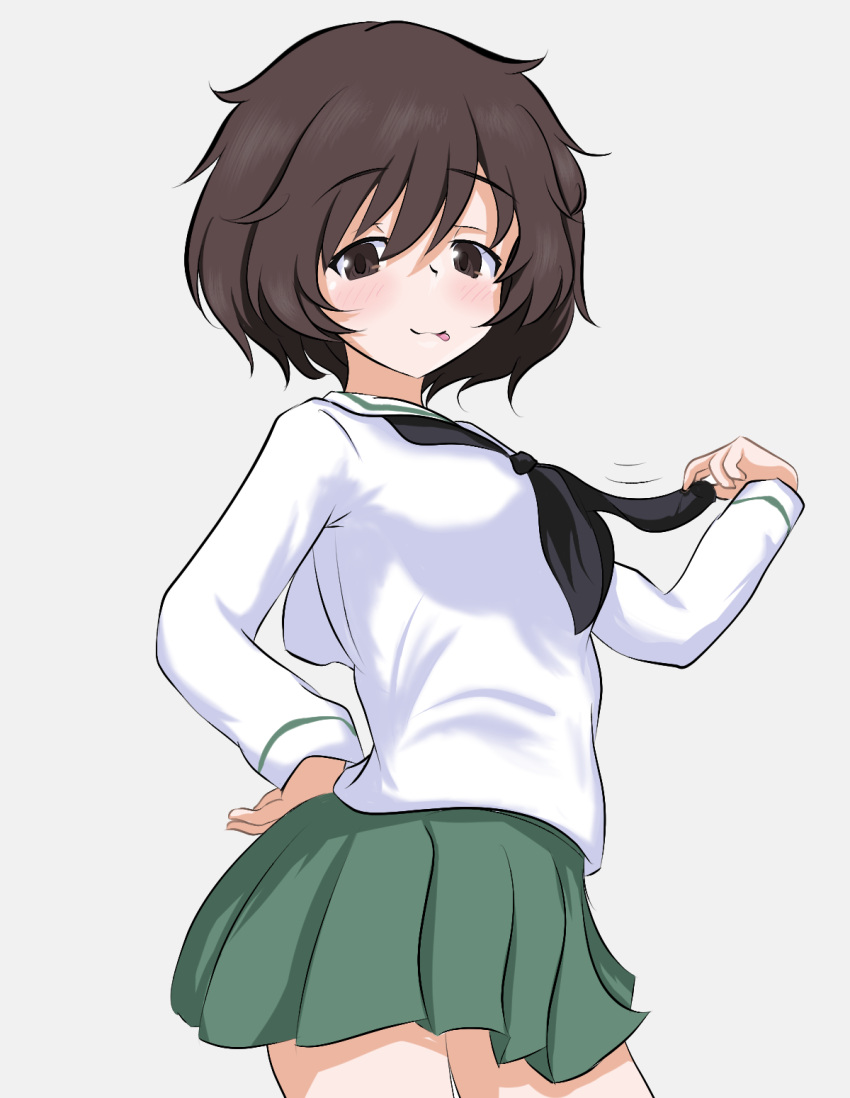 1girl :p akiyama_yukari blouse blush boko_dream commentary from_side girls_und_panzer half-closed_eyes hand_on_hip highres long_sleeves looking_at_viewer messy_hair motion_lines ooarai_school_uniform school_uniform serafuku short_hair simple_background skirt solo tongue tongue_out