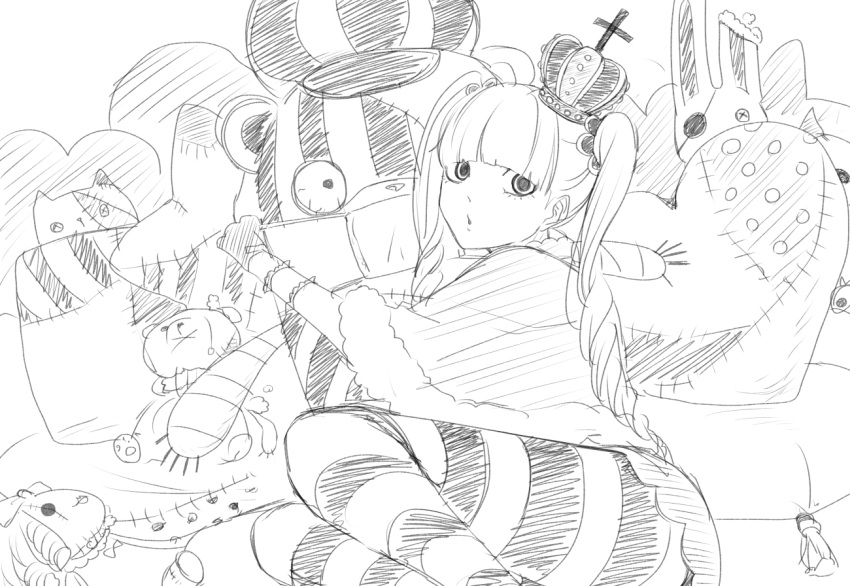 1girl btvs144 crown drill_hair long_hair looking_at_viewer lying monochrome on_side one_piece perona sketch solo striped striped_legwear twintails very_long_hair