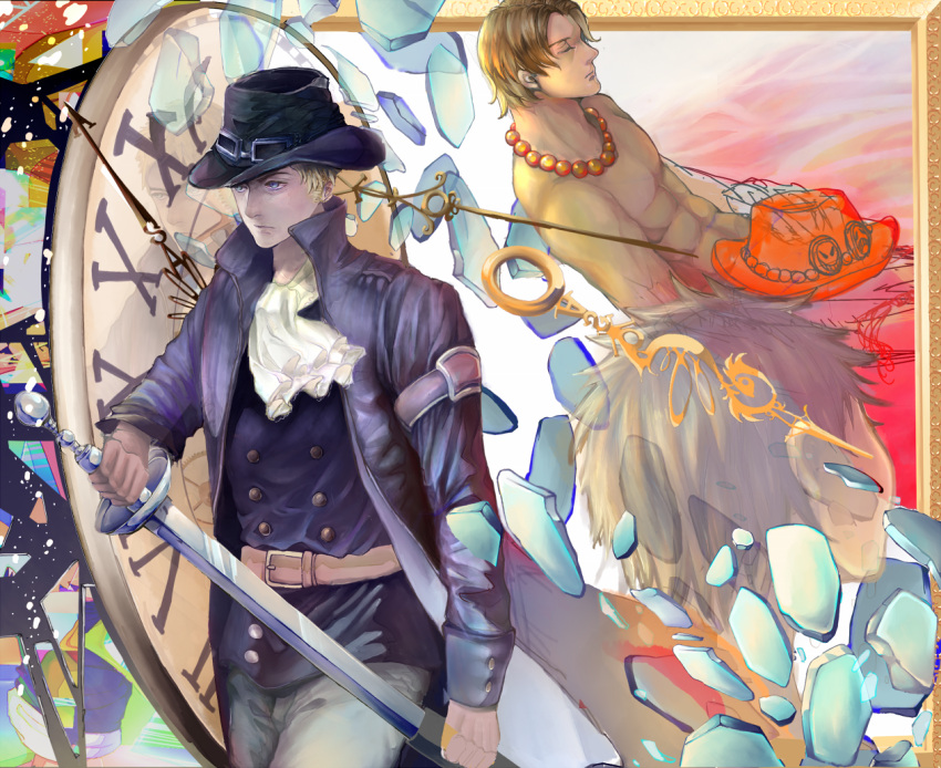 3boys black_hair blonde_hair blue_eyes brothers clock cravat hat luneisweenysweet male_focus monkey_d_luffy multiple_boys one_piece painterly portgas_d_ace sabo_(one_piece) siblings sword time_paradox trio weapon