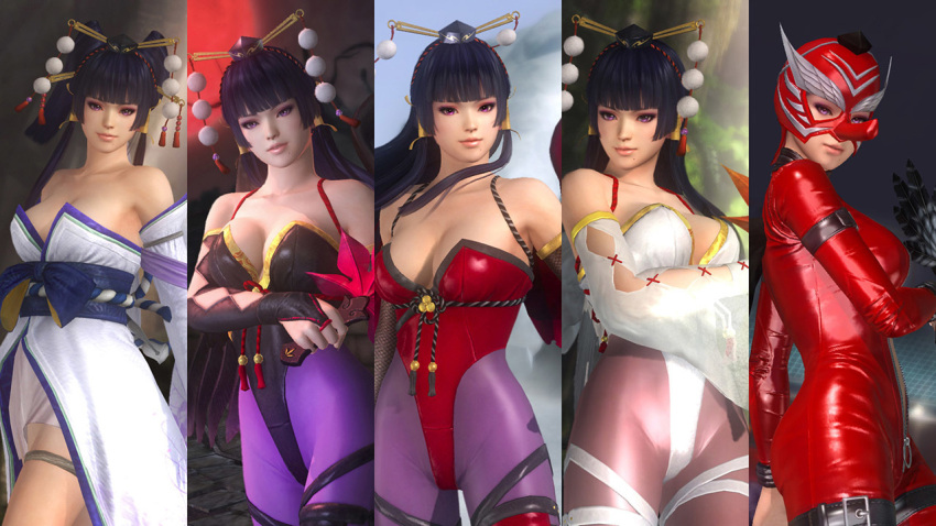 3d alternate_costume bare_shoulders black_hair breasts cleavage dead_or_alive dead_or_alive_5 japanese_clothes large_breasts long_hair nyotengu official_art tecmo violet_eyes