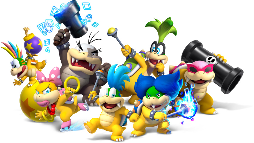 1girl 6+boys absurdres blue_eyes blue_hair bow bracelet brother_and_sister brothers cannon fangs fire glasses green_hair hammer highres iggy_koopa jewelry larry_koopa lemmy_koopa lips looking_at_viewer ludwig_von_koopa super_mario_bros. morton_koopa_jr. multiple_boys official_art rainbow_hair roy_koopa siblings sunglasses super_mario_bros. wand wendy_o._koopa