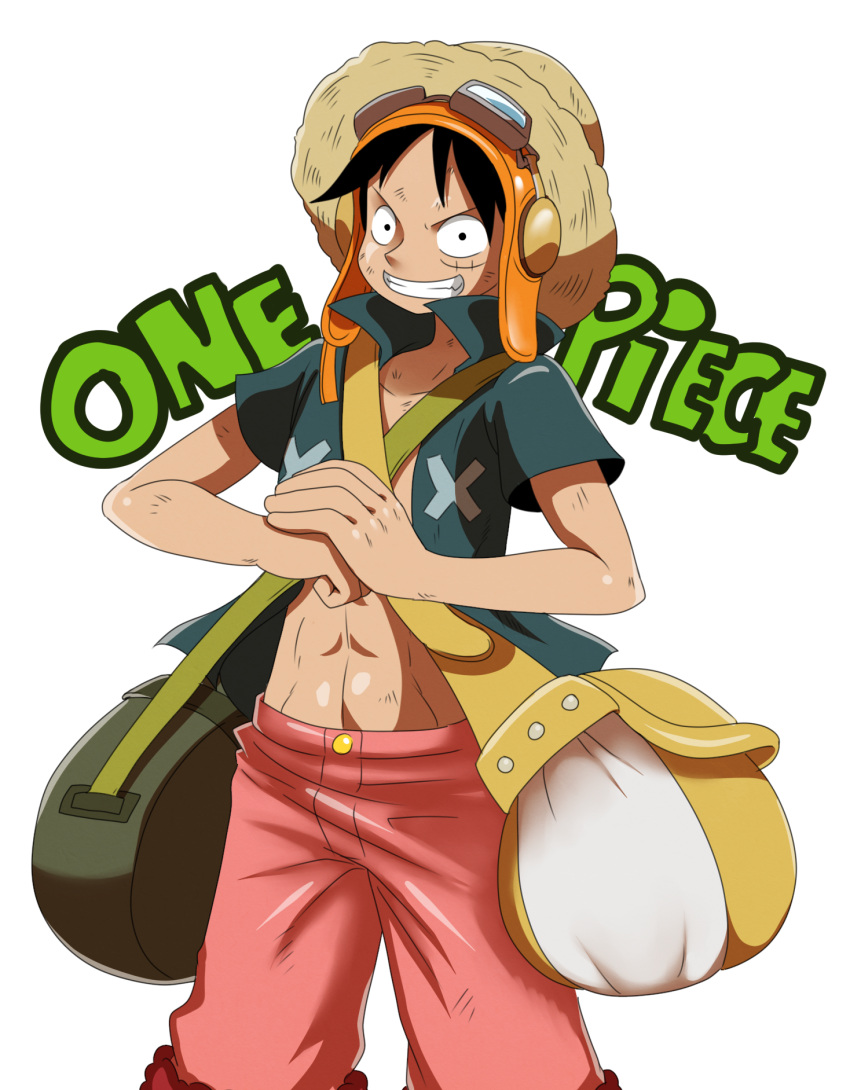 1boy bag copyright_name eric_lowery goggles hat male_focus monkey_d_luffy one_piece one_piece:_strong_world open_clothes open_shirt shirt simple_background solo straw_hat
