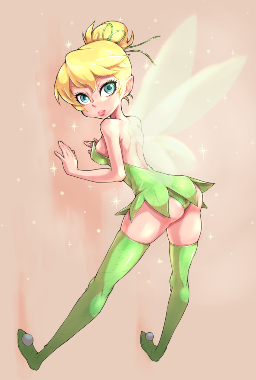 1girl ass back blonde_hair blue_eyes boots disney fairy female from_behind green_shoes hair_bun moyoosu panties peter_pan_(disney) shoes shoulders sleeveless solo thigh-highs thigh_boots tinker_bell_(disney) underwear wings