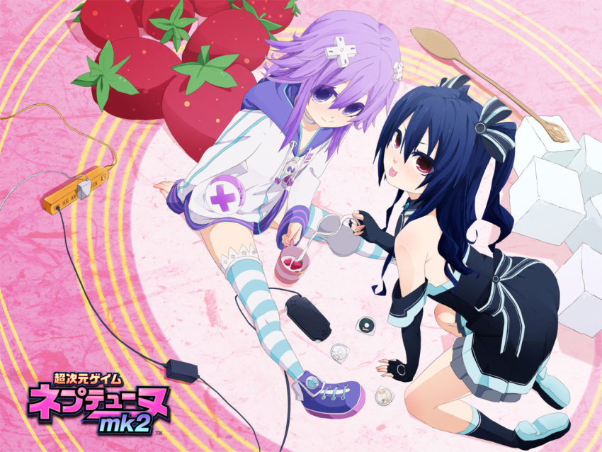 2girls all_fours bare_shoulders black_hair black_ribbon blush choujigen_game_neptune cup d-pad hoodie neptune_(choujigen_game_neptune) neptune_(series) purple_hair red_eyes short_hair sitting smile spoon strawberry sugar tongue twintails uni_(choujigen_game_neptune) violet_eyes