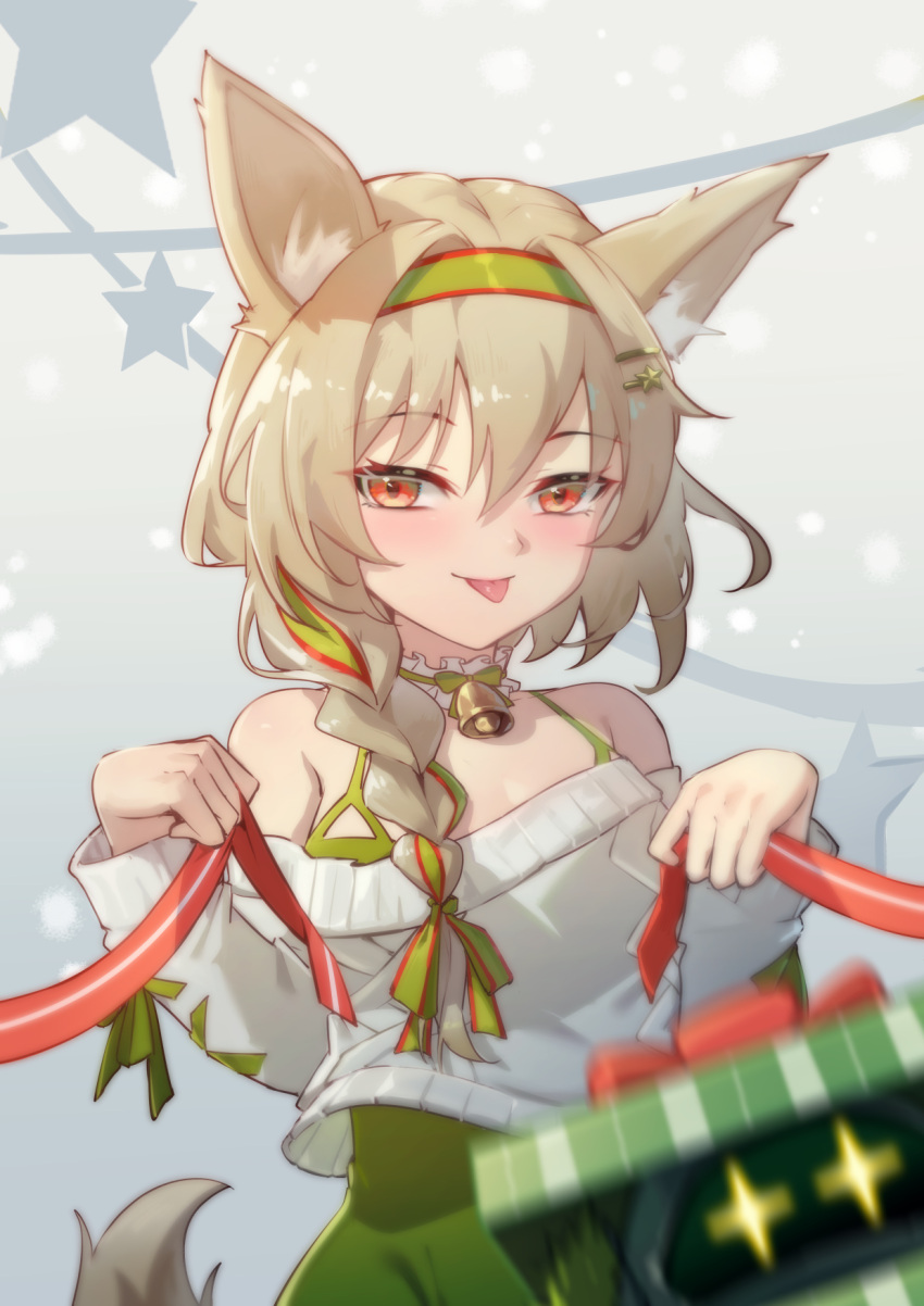 +_+ 1girl :p animal_ear_fluff animal_ears arknights bare_shoulders beanstalk_(arknights) beanstalk_(gift_uncompleted)_(arknights) bell blush box braid brown_hair closed_mouth collarbone covered_navel gift gift_box gradient gradient_background green_hairband green_ribbon grey_background hair_over_shoulder hair_ribbon hairband highres ling_huanxiang long_hair long_sleeves looking_at_viewer metal_crab_(arknights) motion_blur neck_bell neck_garter off-shoulder_sweater off_shoulder official_alternate_costume photobomb red_eyes ribbon single_braid smile solo star_(symbol) sweater tail tongue tongue_out upper_body white_sweater