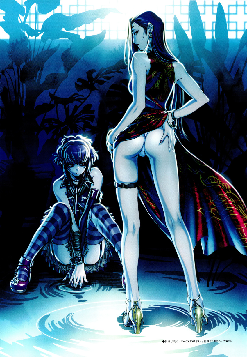 2girls absurdres ass back bare_shoulders black_lagoon bracelet china_dress chinese_clothes contrapposto dress earrings elbow_gloves frederica_sawyer garter_straps garters gloves hand_on_hip high_heels highres hips hiroe_rei jewelry kneepits legs long_hair long_legs looking_back multiple_girls official_art open_shoes panties ripples sawyer_the_cleaner shenhua shoes sitting skirt standing striped striped_legwear thigh-highs thigh_strap thong underwear water