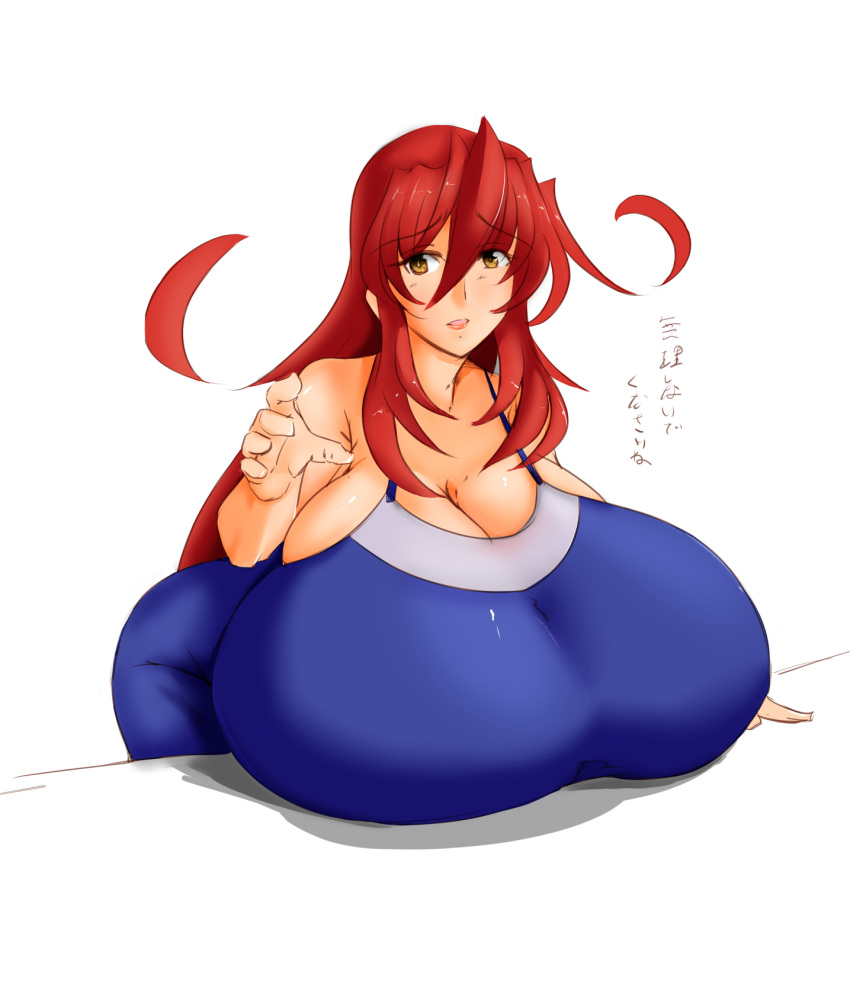 1girl aeon708 breast_rest breasts cleavage female gigantic_breasts highres lips long_hair orange_eyes original redhead simple_background solo white_background
