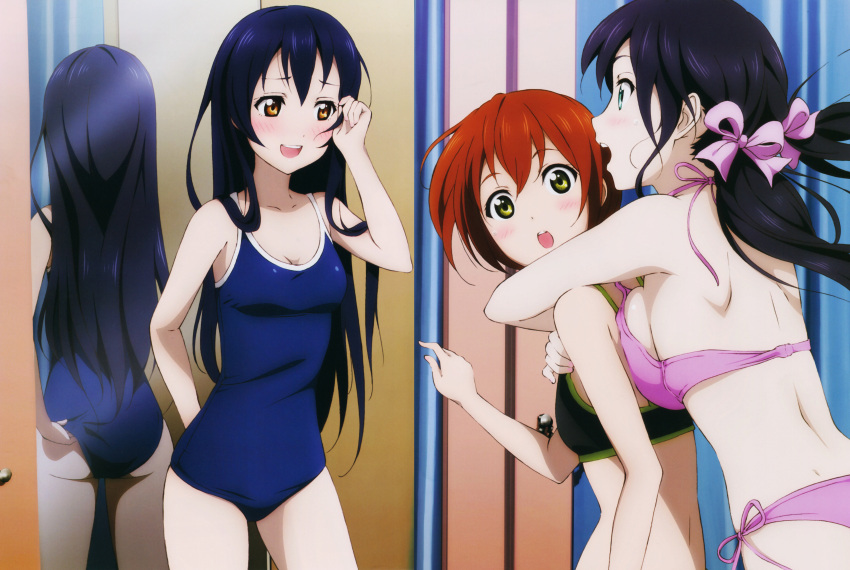 3girls :d :o absurdres adjusting_clothes adjusting_swimsuit ass back bikini black_hair blue_hair blush bow breast_press breasts brown_eyes brown_hair cleavage competition_school_swimsuit detexted green_eyes hair_bow hair_ribbon hair_tousle halterneck highres hoshizora_rin hug large_breasts long_hair love_live!_school_idol_project mirror multiple_girls murota_yuuhei official_art one-piece_swimsuit open_mouth orange_hair pink_bikini reflection ribbon school_swimsuit short_hair side-tie_bikini sideboob small_breasts smile sonoda_umi swimsuit toujou_nozomi twintails very_long_hair yellow_eyes
