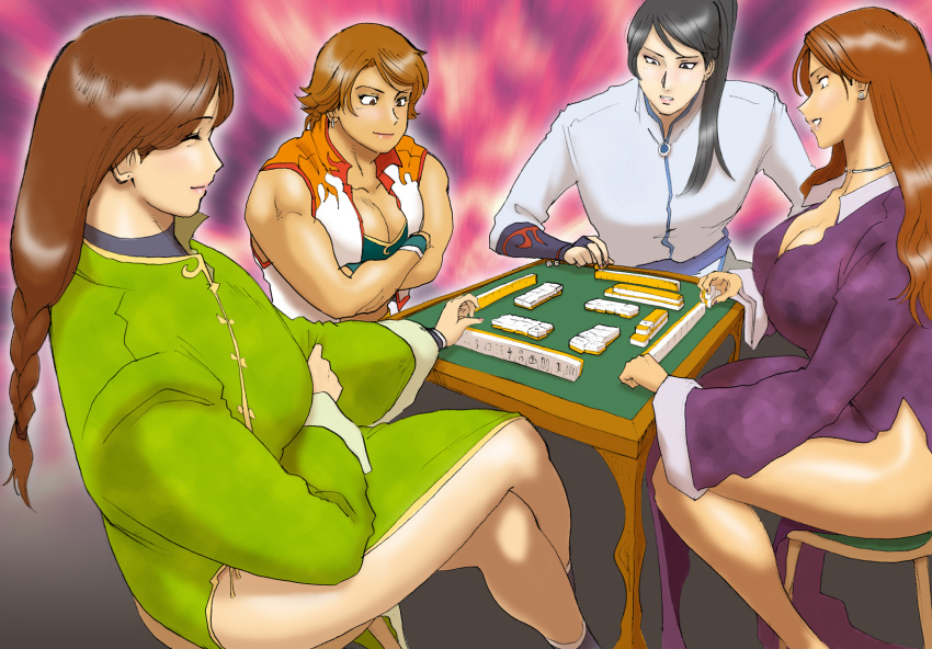 4girls abstract_background board_game bracer breasts bridal_gauntlets cao-li china_dress chinese_clothes cleavage closed_eyes copyright_request crossed_arms dress earrings eyeshadow guan-caihe high_collar highres jewelry large_breasts legs_crossed liu-meixing long_hair long_sleeves mahjong makeup multiple_girls nail_polish nappy_happy necklace original short_hair side_slit sitting smile smirk table tan thick_thighs thighs vest wide_sleeves wristband zhang-yanhua