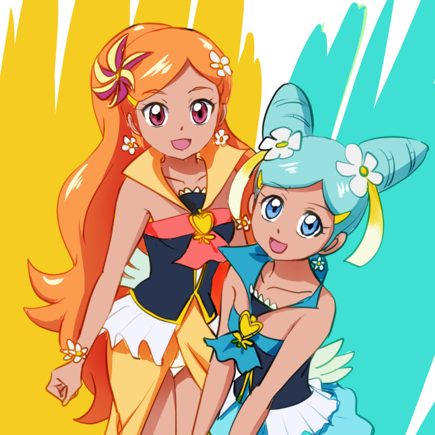 2girls bare_shoulders blue_eyes blue_hair cure_sunset cure_wave earrings flower hair_flower hair_ornament happinesscharge_precure! highres jewelry long_hair magical_girl mont_blanc_(heartcatch_ayaya) multiple_girls ohana_(happinesscharge_precure!) orange_hair orina_(happinesscharge_precure!) precure red_eyes shirt sketch skirt twintails wrist_cuffs