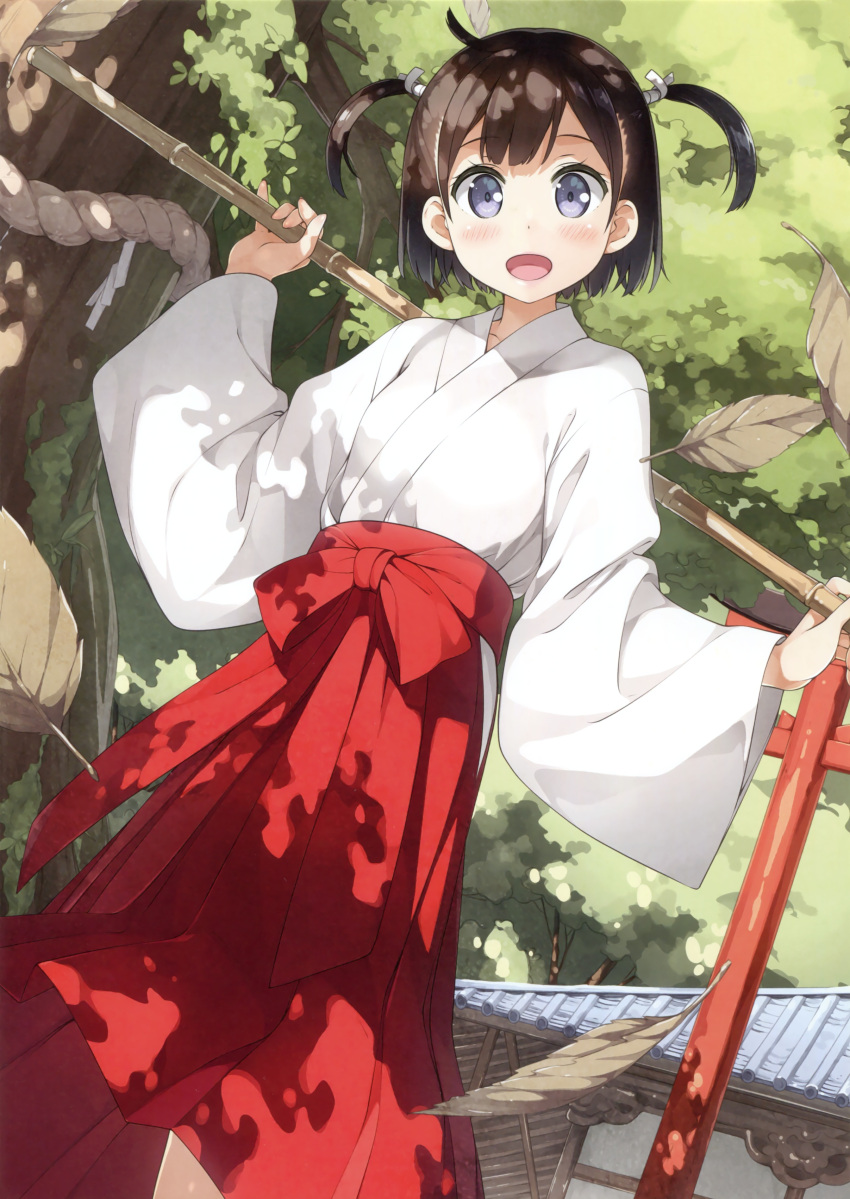1girl absurdres ahoge bamboo_staff behind_back blue_eyes blush bow brown_feathers building collarbone cowboy_shot day dutch_angle feathers hakama head_tilt highres hip_vent holding holding_staff japanese_clothes kantoku kimono long_sleeves looking_at_viewer miko outdoors plant red_bow red_hakama scan shrine solo staff standing tareme tree two_side_up wide_sleeves