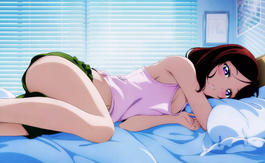1girl absurdres bed blue_eyes blush breasts brown_hair camisole cleavage detexted highres love_live!_school_idol_project lying murota_yuuhei nishikino_maki no_bra official_art on_side pillow redhead shirt short_hair shorts sleeveless sleeveless_shirt solo thighs violet_eyes