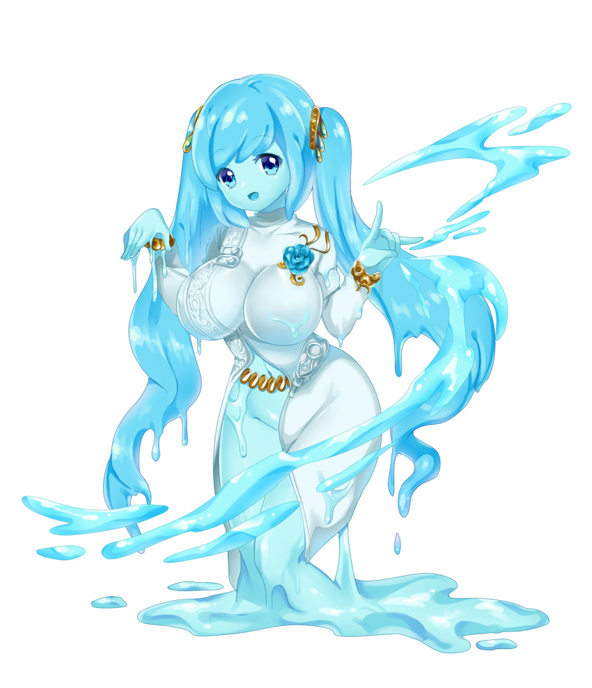 1girl blue_eyes blue_hair blue_skin breasts dripping fox_shadow_puppet goo_girl hand_gesture highres large_breasts looking_at_viewer monster_girl open_mouth original slime solo transparent twintails