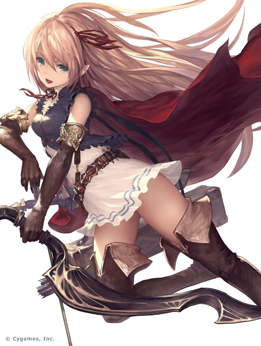 1girl arisa_(shadowverse) blonde_hair boots cygames elbow_gloves elf gloves green_eyes hair_ribbon highres long_hair mushimaro open_mouth pointy_ears red_ribbon ribbon shadowverse solo thigh-highs thigh_boots