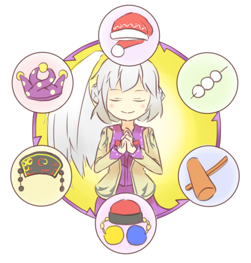 character_hat chart closed_eyes food hammer hands_clasped hat highres kishin_sagume legacy_of_lunatic_kingdom mochi peroponesosu. single_wing touhou upper_body wagashi white_background wings