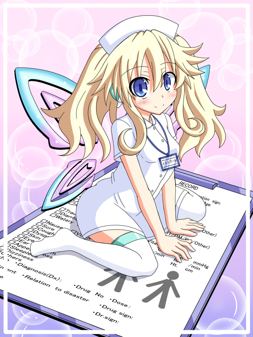 1girl blonde_hair blue_eyes blush chagama_(tyagama0927) choujigen_game_neptune hair_ornament hat highres histoire long_hair looking_at_viewer neptune_(series) nurse twintails wings