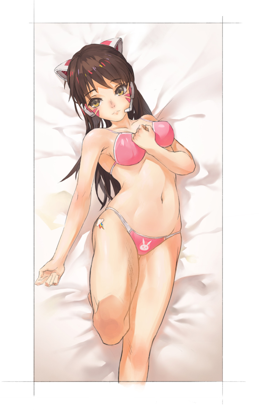 1girl animal_ears arm_at_side bangs bare_shoulders bed bed_sheet bikini bodypaint breasts brown_eyes brown_hair bunny_print cat_ear_headphones cat_ears clenched_hand closed_mouth collarbone d.va_(overwatch) eyebrows eyebrows_visible_through_hair facepaint facial_mark fake_animal_ears groin hand_on_own_chest hand_up headset highres kc-flyhigh knee_up long_hair lying medium_breasts midriff navel on_back overwatch pink_bikini solo stomach swimsuit whisker_markings