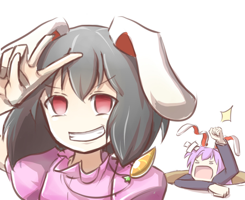 angry carrot_necklace ears_down fallen_down grin highres hole inaba_tewi looking_at_viewer no_pupils open_mouth peroponesosu. pitfall red_eyes reisen_udongein_inaba screaming smile touhou v white_background