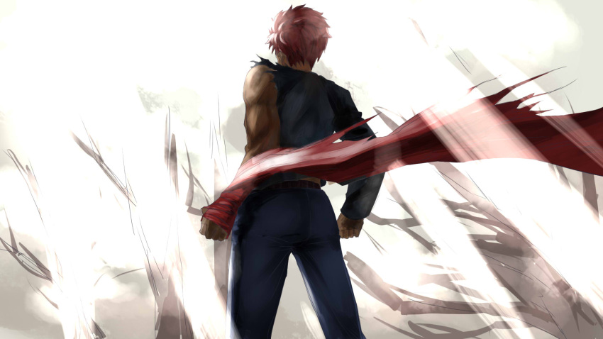 1boy clenched_hands denim emiya_shirou epic fate/stay_night fate_(series) from_behind highres jeans long_sleeves looking_ahead manly muscle orange_hair outdoors pants raglan_sleeves shirt shroud_of_martin solo standing tears toned torn_clothes torn_shirt type-moon_fans