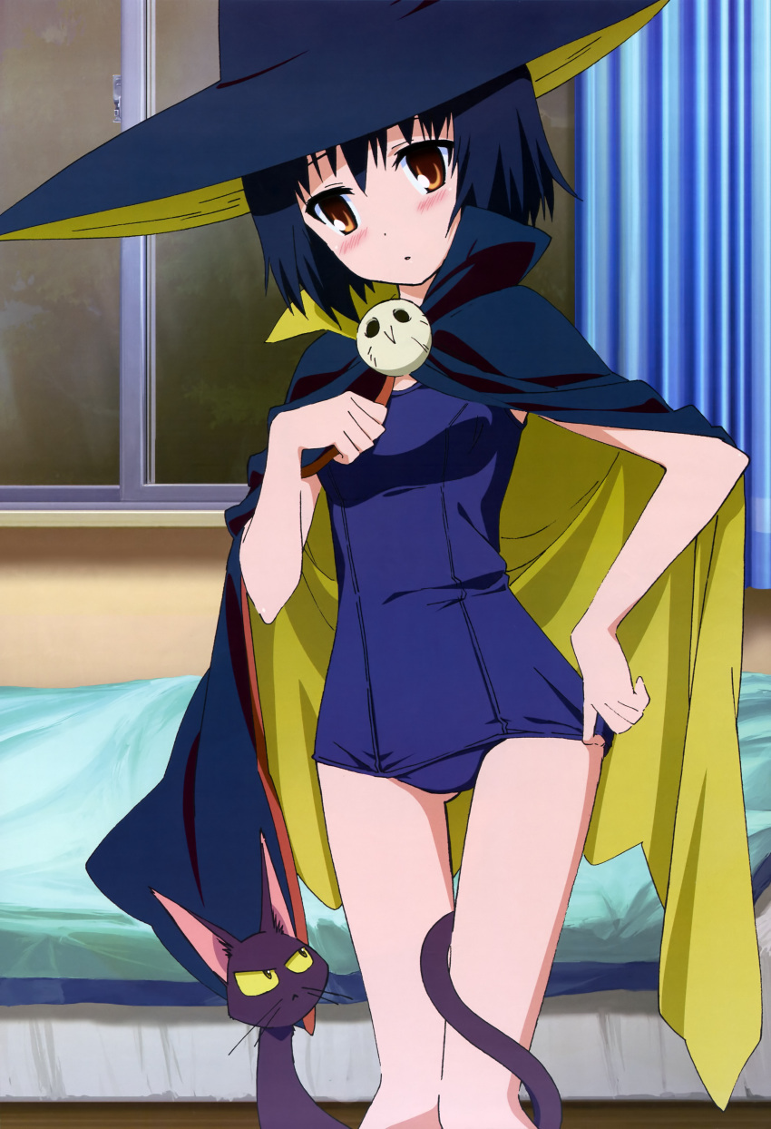 1girl absurdres adjusting_clothes adjusting_swimsuit black_hair blush boots brown_eyes cape cat chiro_(maji_moji_rurumo) curtains hat highres legs maji_moji_rurumo nyantype official_art one-piece_swimsuit rurumo school_swimsuit short_hair solo swimsuit thigh-highs thigh_boots window witch_hat