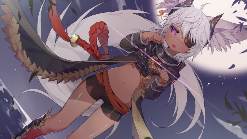 1girl animal_ears belt bike_shorts blade_&amp;_soul clenched_hands coat cropped_jacket dark_skin earrings eyepatch full_moon highres horns jewelry kneehighs long_tail lyn_(blade_&amp;_soul) midriff moon navel night night_sky open_mouth paw_pose rope short_hair short_shorts shorts silver_hair sky solo tail tsuka violet_eyes wolf_ears