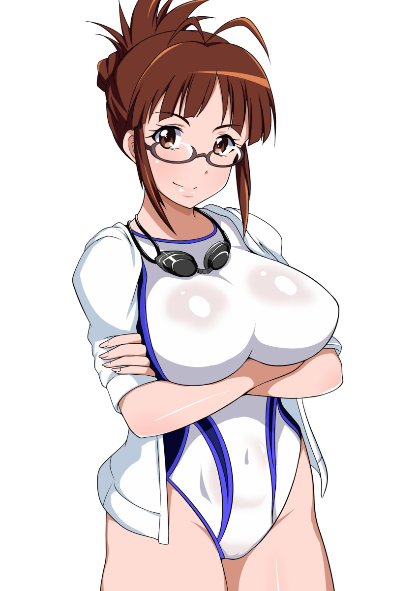 1girl absurdres akizuki_ritsuko antenna_hair breasts brown_eyes brown_hair competition_swimsuit covered_navel cowboy_shot crossed_arms folded_ponytail glasses goggles goggles_around_neck googles highres idolmaster jabara_tornado jacket large_breasts looking_at_viewer one-piece_swimsuit shiny shiny_clothes shiny_skin smile solo standing swimsuit white_swimsuit