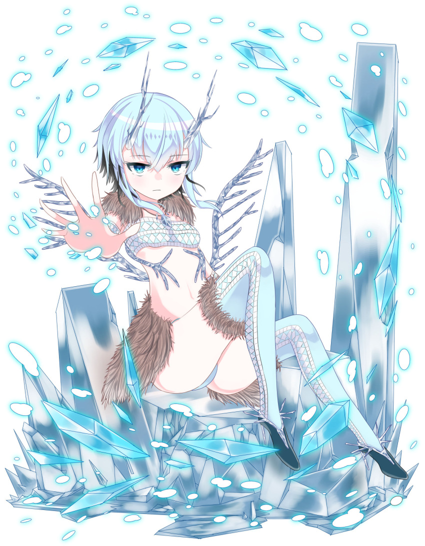 1girl aqua_hair black_hair blue_eyes crystal expressionless fur_trim high_heels highres horns jewelry looking_at_viewer multicolored_hair necklace original outstretched_hand sitting tem+ thigh-highs white_background wings