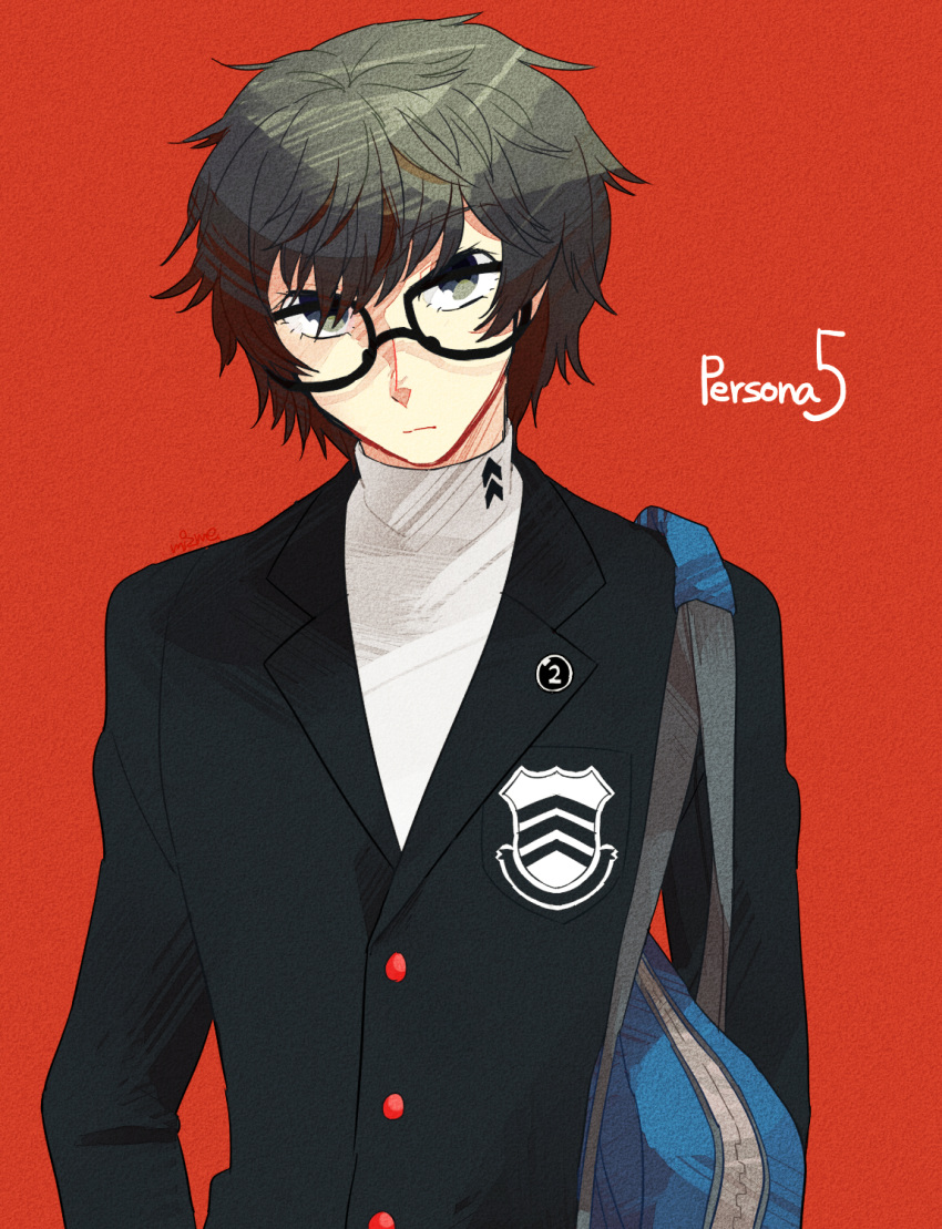 1boy bag black_hair buttoned_up_jacket curly_hair emblem glasses kurusu_akira logo looking_at_viewer persona persona_5 protagonist_(persona_5) red_background school_bag school_uniform short_hair turtleneck