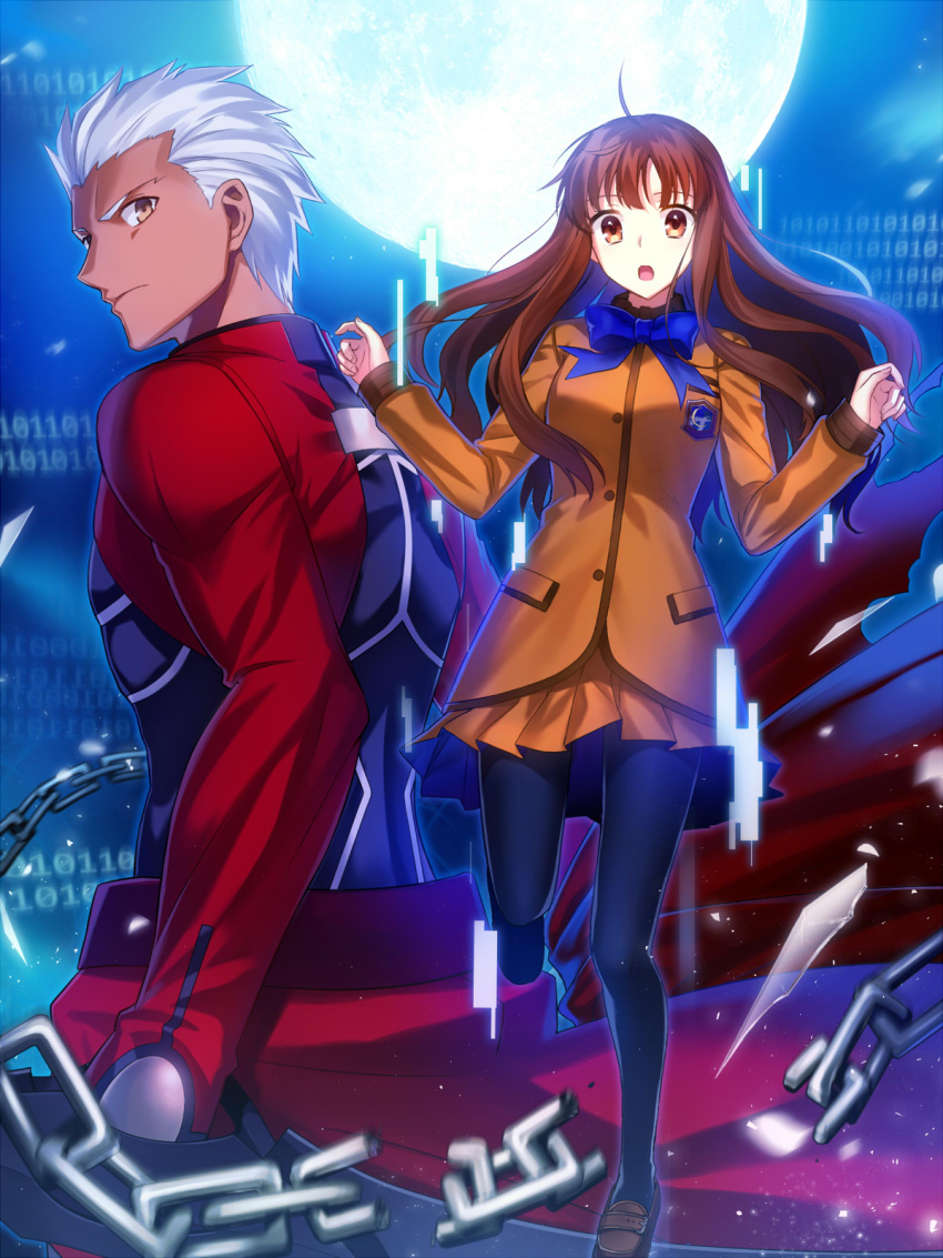 1boy 1girl archer black_legwear blue_bow bow bowtie brown_eyes brown_hair brown_skirt chains fate/extra fate_(series) fuyuki_(neigedhiver) highres kishinami_hakuno_(female) looking_at_viewer moon number open_mouth pantyhose pleated_skirt short_hair silver_hair skirt