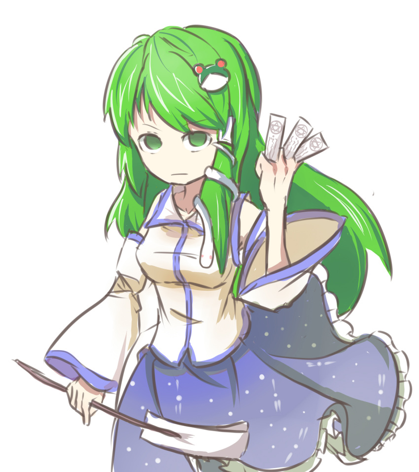 &gt;:| 1girl eyebrows eyebrows_visible_through_hair fighting_stance frog_hair_ornament green_eyes green_hair hair_ornament highres kochiya_sanae looking_at_viewer no_pupils ofuda peroponesosu. skirt solo touhou unhappy upper_body white_background wind wind_lift