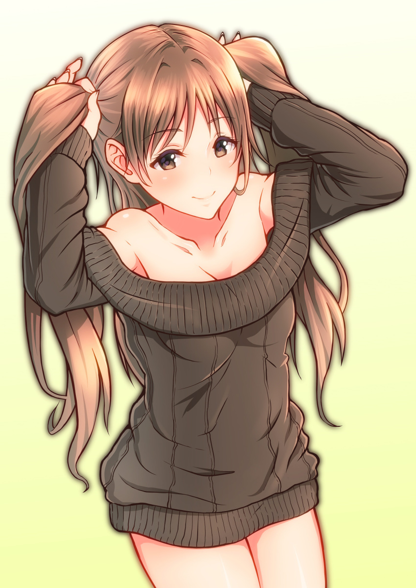 1girl absurdres alternate_costume arm_up artist_request bare_shoulders breasts brown_eyes brown_hair cleavage closed_mouth collarbone commentary_request eyebrows eyebrows_visible_through_hair gradient gradient_background highres holding holding_hair idolmaster idolmaster_cinderella_girls long_hair naked_sweater nitta_minami no_panties off-shoulder_sweater smile solo sweater two_side_up yellow_background