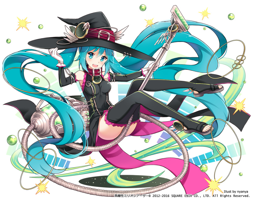 1girl aqua_eyes aqua_hair artist_name detached_sleeves full_body gloves hat hatsune_miku long_hair looking_at_viewer nyanya open_mouth solo star thigh-highs toeless_legwear twintails vacuum_cleaner very_long_hair vocaloid white_background witch_hat