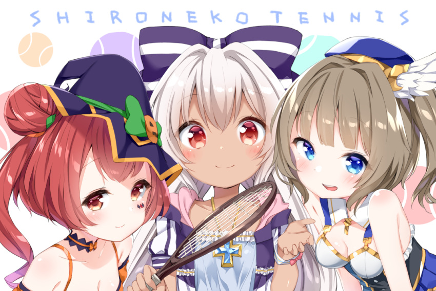 3girls bare_shoulders blue_eyes blush bow breasts brown_eyes character_request cleavage cleavage_cutout collarbone commentary_request dark_skin ekuseria facial_mark girl_sandwich hair_bow hair_bun hat hat_bow iron_cross jack-o'-lantern leaning_forward light_brown_hair long_hair looking_at_viewer mini_hat mini_witch_hat multiple_girls open_mouth pink_hair red_eyes sandwiched shironeko_project short_sleeves silver_hair smile strap tousaki_shiina upper_body witch_hat