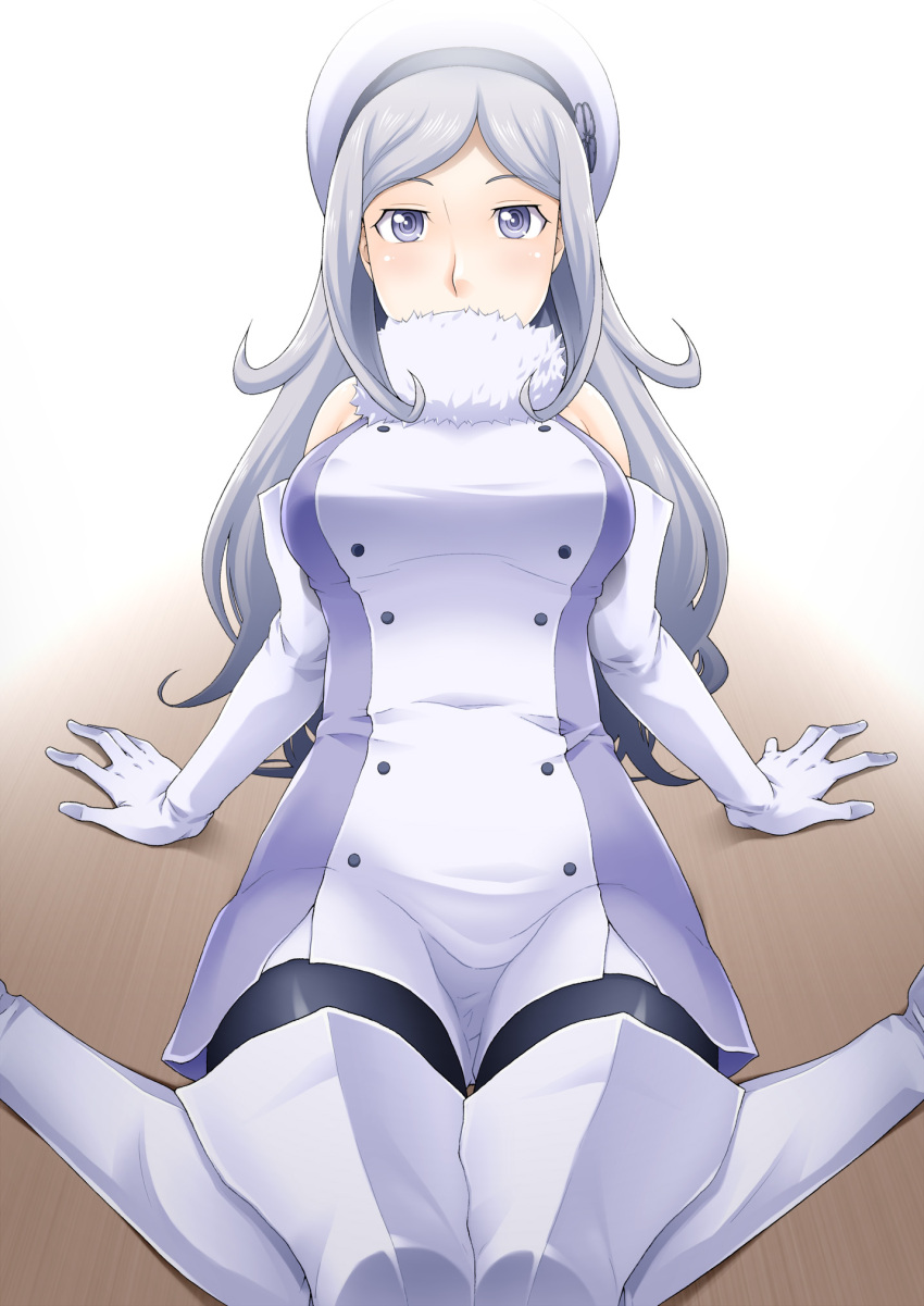 1girl aila_jyrkiainen bare_shoulders blush boots breasts dress elbow_gloves gloves gundam gundam_build_fighters hat highres hornet_(artist) large_breasts legs long_hair looking_at_viewer simple_background sitting solo thigh-highs thigh_boots thighs violet_eyes white_hair