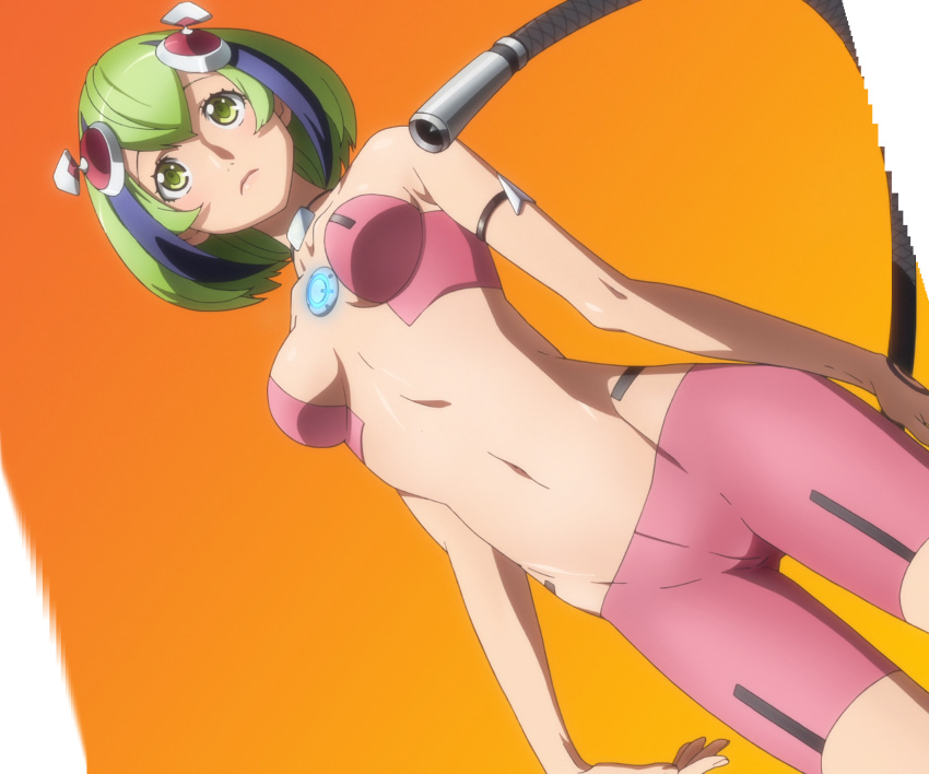 1girl android armband bare_shoulders bike_shorts breasts bridgeless_bra choker dimension_w expressionless gradient gradient_background green_hair headgear highres multicolored_hair navel screencap short_hair simple_background solo stitched streaked_hair tail two-tone_hair umetsu_yasuomi underwear yurizaki_mira