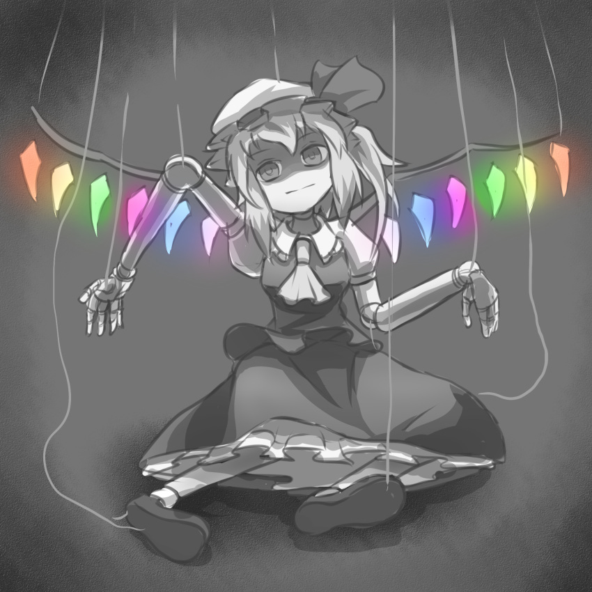 :| closed_mouth expressionless flandre_scarlet grey_background greyscale highres looking_at_viewer marionette monochrome partially_colored peroponesosu. puppet puppet_strings rainbow_wings shaded_face sitting touhou wings