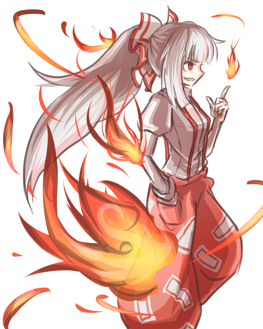 1girl absurdres fire fujiwara_no_mokou grin highres looking_to_the_side no_pupils peroponesosu. pointing red_eyes smile solo touhou white_background
