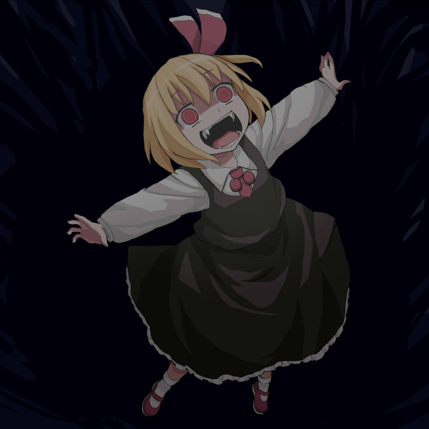 1girl :d ascot black_skirt blonde_hair bow dark darkness dress_shirt empty_eyes eyebrows eyebrows_visible_through_hair fangs floating from_above hair_bow hair_ribbon highres long_sleeves looking_up no_pupils open_mouth open_palms outstretched_arms red_bow red_eyes red_ribbon red_shoes ribbon rumia shirt shoes short_hair skirt skirt_set smile solo spread_arms touhou vest yatani_(do9z)