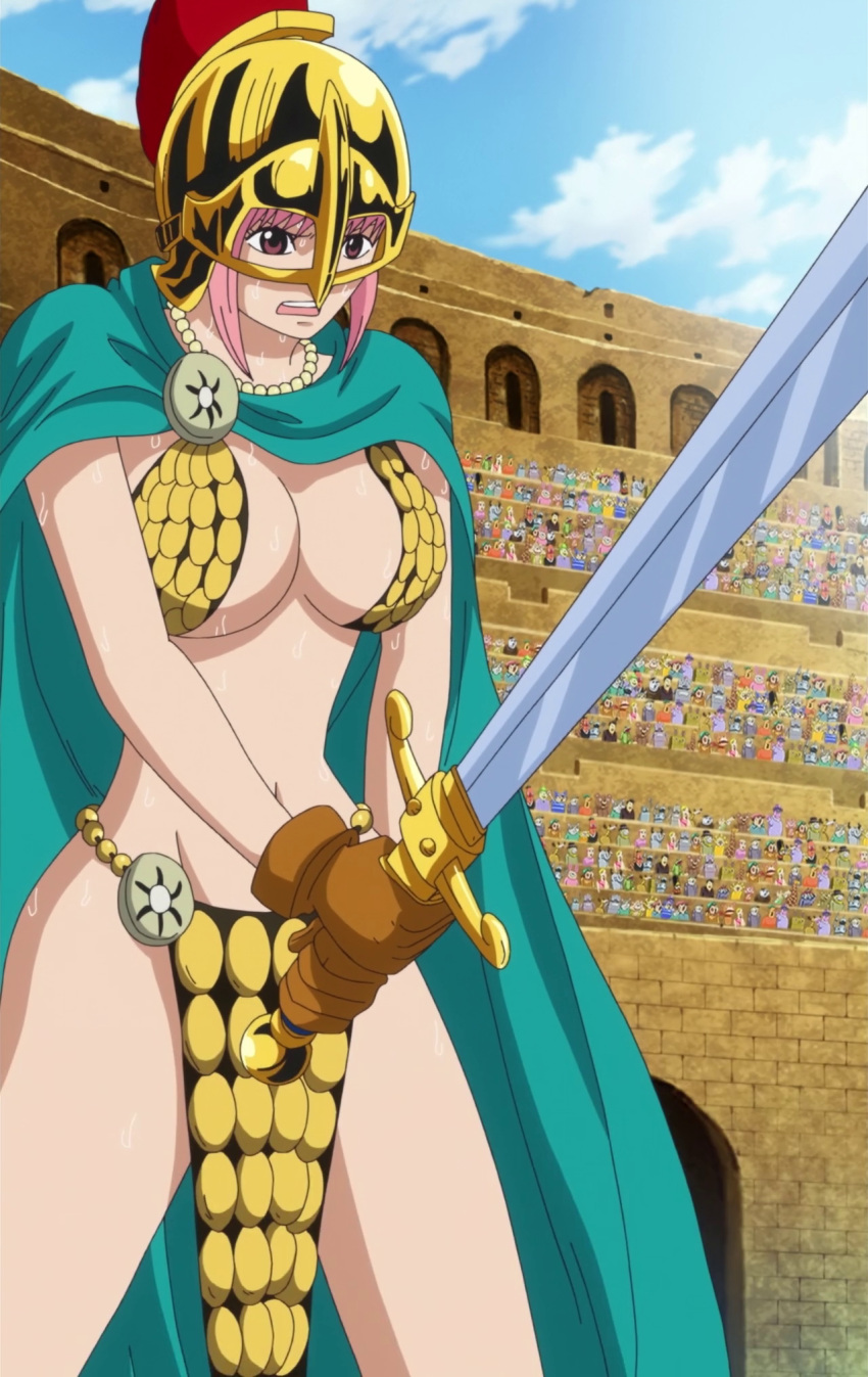 armor bikini_armor breasts dressrosa gladiator one_piece pink_hair rebecca_(one_piece) screencap stitched sweat sword weapon