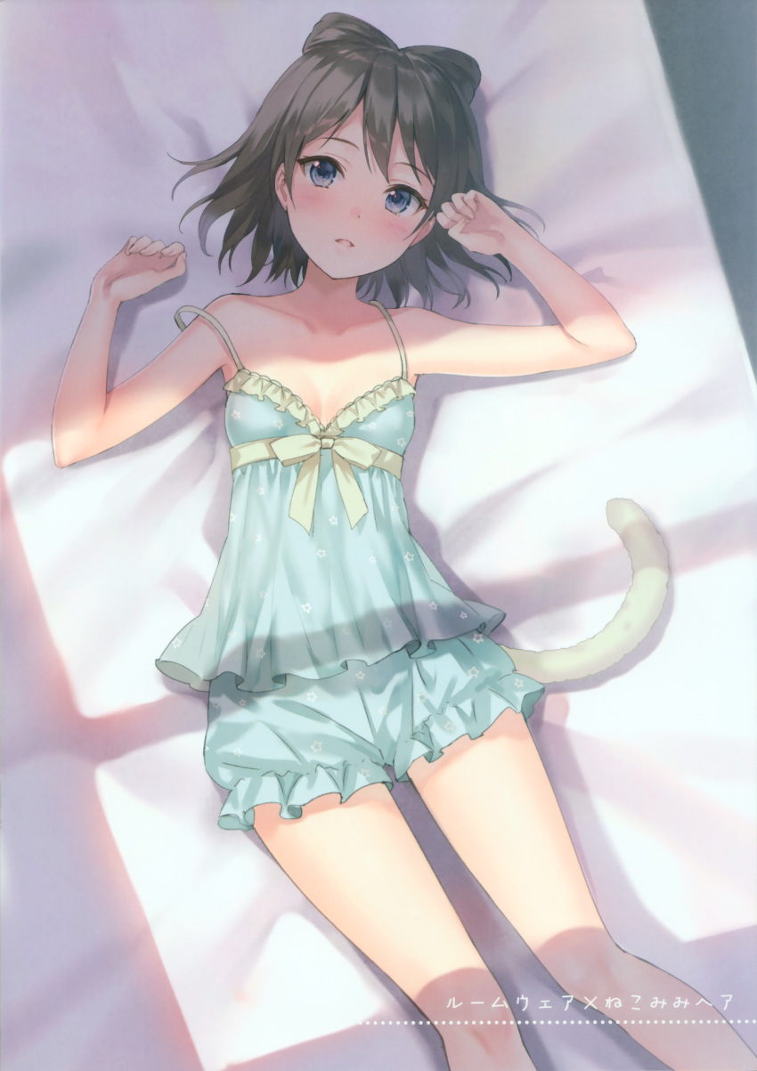1girl absurdres bangs bare_arms bare_legs bare_shoulders bloomers blue_eyes blush bow breasts brown_hair camisole cat_tail collarbone day eyelashes frills fukahire_sanba green_bow highres indoors light_smile looking_at_viewer looking_up lying on_back on_bed parted_lips scan shade short_hair sleeveless small_breasts solo strap_slip sunlight tail translation_request underwear