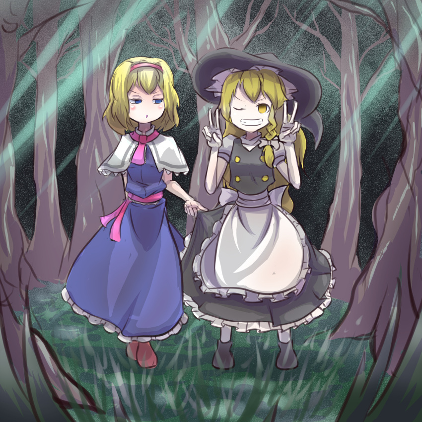 alice_margatroid forest forest_of_magic grass grin highres implied_pantyshot kirisame_marisa light_rays looking_at_viewer looking_to_the_side nature naughty_face one_eye_closed peroponesosu. skirt skirt_lift smile standing sunbeam sunlight touhou tree v