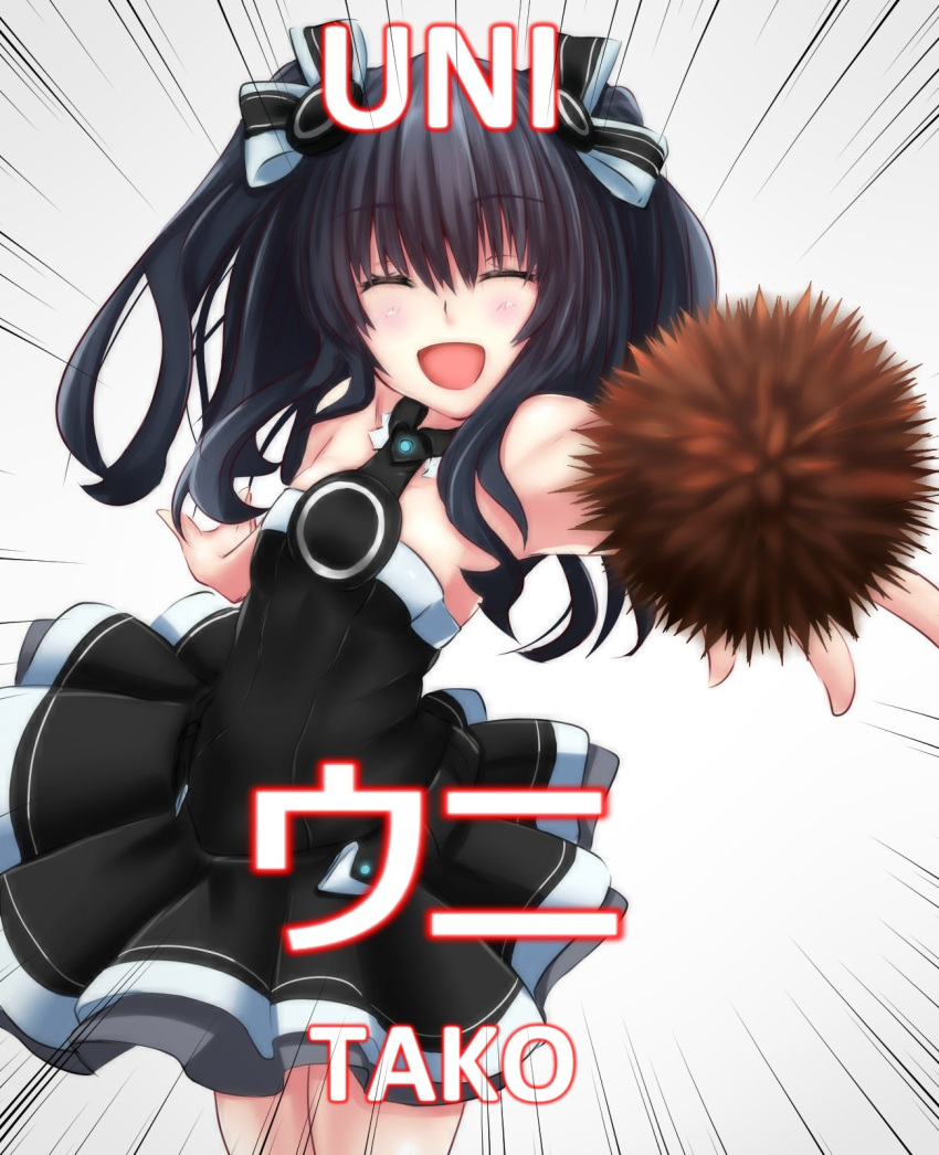 1girl bare_shoulders black_hair blush choujigen_game_neptune gloves hair_ornament highres long_hair neptune_(series) open_mouth smile solo twintails uni_(choujigen_game_neptune)