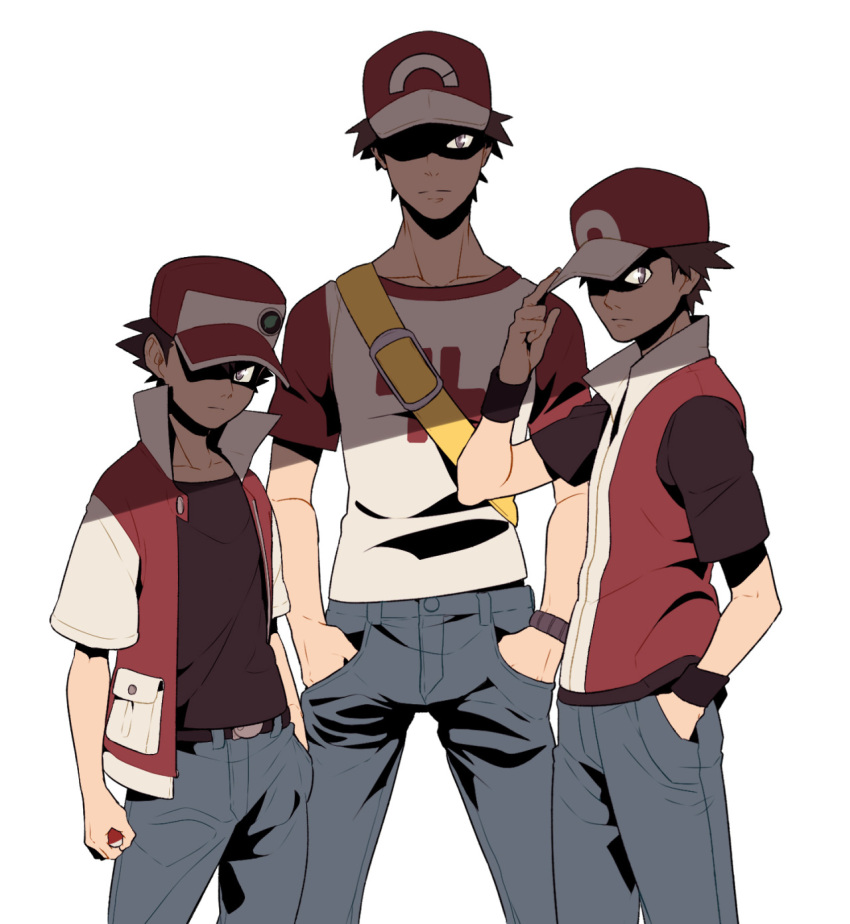 3boys adjusting_clothes adjusting_hat age_progression bag baseball_cap belt brown_hair comparison denim hands_in_pockets hat height_difference highres holding holding_poke_ball jeans looking_at_viewer male_focus multiple_boys multiple_persona pants poke_ball pokemon pokemon_(game) pokemon_frlg pokemon_sm red_(pokemon) red_(pokemon)_(classic) red_(pokemon)_(remake) red_(pokemon)_(sm) redlhzz shaded_face shirt short_sleeves shoulder_bag t-shirt white_background wristband z-ring