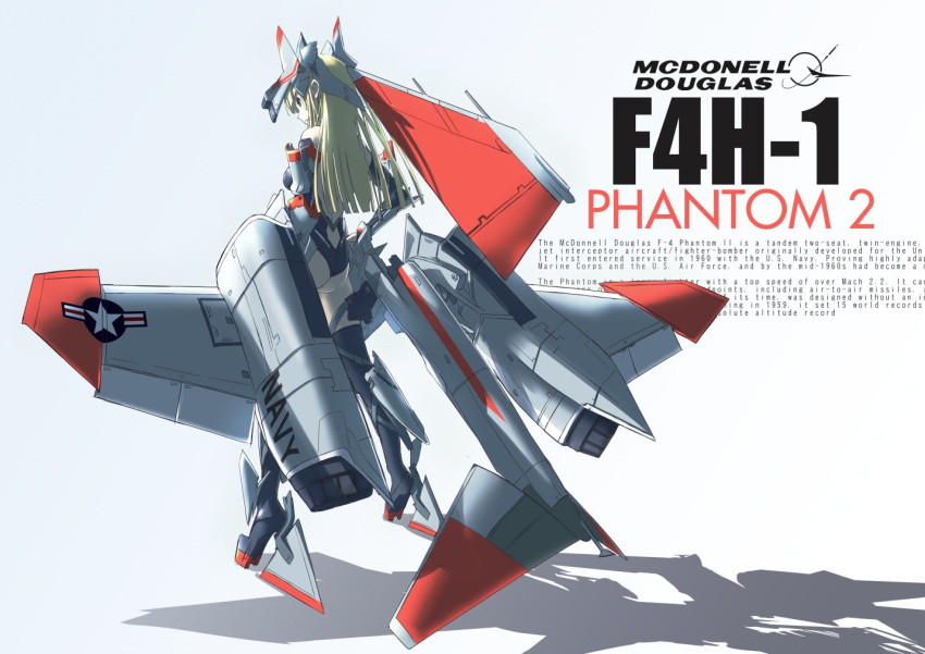 1girl blonde_hair boots detached_sleeves emblem english f-4_phantom_ii full_body leotard logo long_hair mcdonell_douglas mecha_musume nenchi original roundel simple_background solo standing thigh-highs thigh_boots white_background