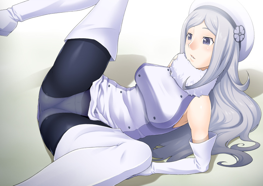 1girl aila_jyrkiainen blush boots breasts dress elbow_gloves gloves gundam gundam_build_fighters hat highres hornet_(artist) large_breasts legs legs_up long_hair looking_down lying panties pantyhose simple_background spread_legs thigh-highs thigh_boots thighs underwear violet_eyes white_hair
