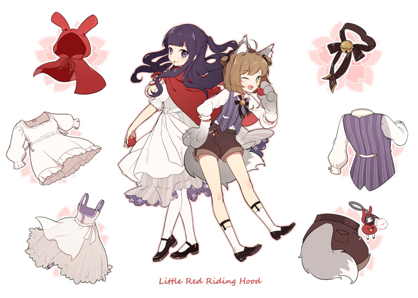 2girls ;d animal_ears animal_hood apple back-to-back bangs bell big_bad_wolf big_bad_wolf_(cosplay) big_bad_wolf_(grimm) black_ribbon black_shoes blouse blunt_bangs blush brown_hair brown_shorts bunny_hood card_captor_sakura character_doll character_sheet cherry_blossoms cloak closed_mouth collared_shirt copyright_name cosplay daidouji_tomoyo dress dress_shirt eyebrows eyebrows_visible_through_hair fake_tail finger_to_mouth floral_print food fruit full_body gloves green_eyes grey_dress grey_vest grimm's_fairy_tales hair_intakes hair_ribbon hand_on_hip holding holding_fruit hood hooded_cloak jingle_bell kinomoto_sakura kneehighs little_red_riding_hood little_red_riding_hood_(cosplay) little_red_riding_hood_(grimm) loafers long_hair looking_at_viewer mary_janes multiple_girls neck_ribbon one_eye_closed open_mouth pantyhose paw_gloves pocket purple_hair red_hood ribbon shirt shoes short_hair shorts shushing sleeves_past_elbows smile standing striped tail two_side_up vertical-striped_dress vertical_stripes vest violet_eyes white_apron white_blouse white_legwear white_shirt wolf_ears wolf_tail youli_(yori)