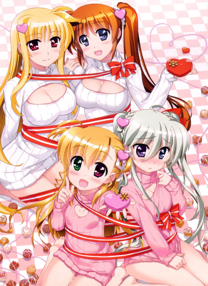 absurdres blonde_hair blue_eyes blush bottomless breasts brown_hair chocolate cleavage_cutout einhart_stratos fate_testarossa fujima_takuya green_eyes green_hair hair_ornament hair_ribbon hand_holding heart heart-shaped_box heart_hair_ornament heterochromia highres large_breasts long_hair long_sleeves looking_at_viewer lyrical_nanoha mahou_shoujo_lyrical_nanoha_strikers mahou_shoujo_lyrical_nanoha_vivid multiple_girls open_mouth outstretched_arm red_eyes ribbon seiza shiny shiny_hair side_ponytail sitting small_breasts sweater takamachi_nanoha turtleneck twintails very_long_hair violet_eyes vivio wariza
