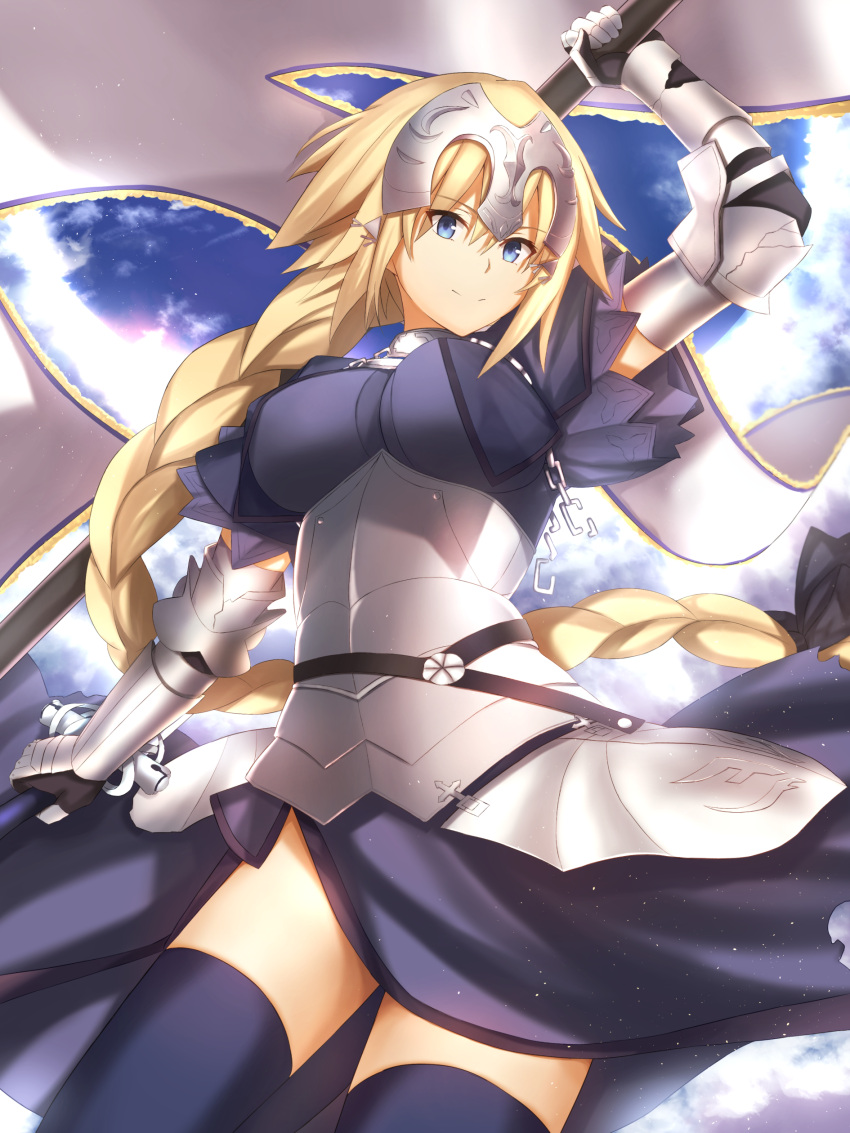 1girl absurdres arm_up armor armored_dress bangs beret black_ribbon blonde_hair blue_eyes blue_legwear blue_sky braid breasts broken broken_chain capelet chains closed_mouth clouds cowboy_shot dress dual_wielding eyebrows eyebrows_visible_through_hair fate/apocrypha fate_(series) faulds flag floating_hair gauntlets hair_between_eyes hair_ribbon hat headpiece highres holding large_breasts light_particles long_hair looking_at_viewer maosame pole purple_dress ribbon ruler_(fate/apocrypha) single_braid sky solo thigh-highs