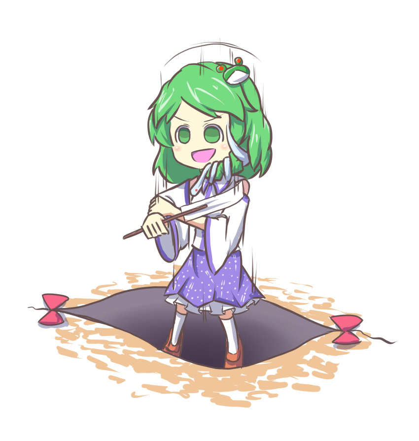 &gt;:d :d bad_end falling frog_hair_ornament gap gohei green_eyes green_hair hair_ornament highres kochiya_sanae motion_lines no_pupils open_mouth peroponesosu. pitfall sleeves_rolled_up smile touhou white_background