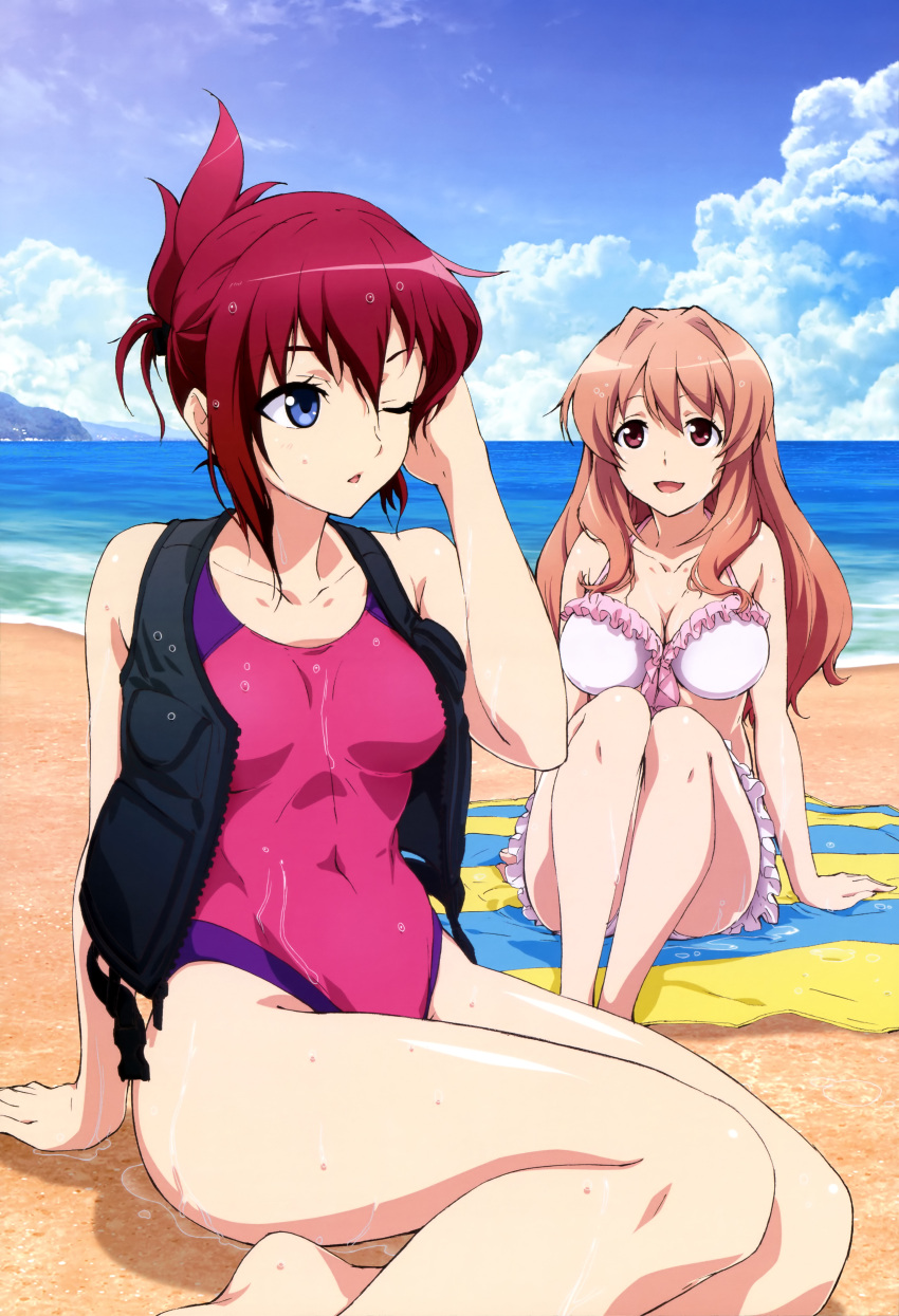 2girls ;o absurdres beach bikini breasts brown_hair cleavage clouds folded_ponytail highres horizon koumi_haruka large_breasts legs_together long_hair looking_back multiple_girls nyantype ocean official_art one-piece_swimsuit one_eye_closed parted_lips rail_wars! redhead sakurai_aoi sand scan short_hair sky swimsuit tareme unzipped vest water wet zipper